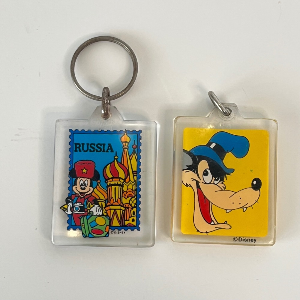 Vintage Disney Mickey Mouse Russia Stamp & Big Bad Wolf Acrylic Keychain Lot